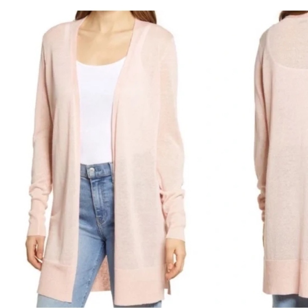 HALOGEN Linen blend open front cardigan long sleeve blush pink size medium